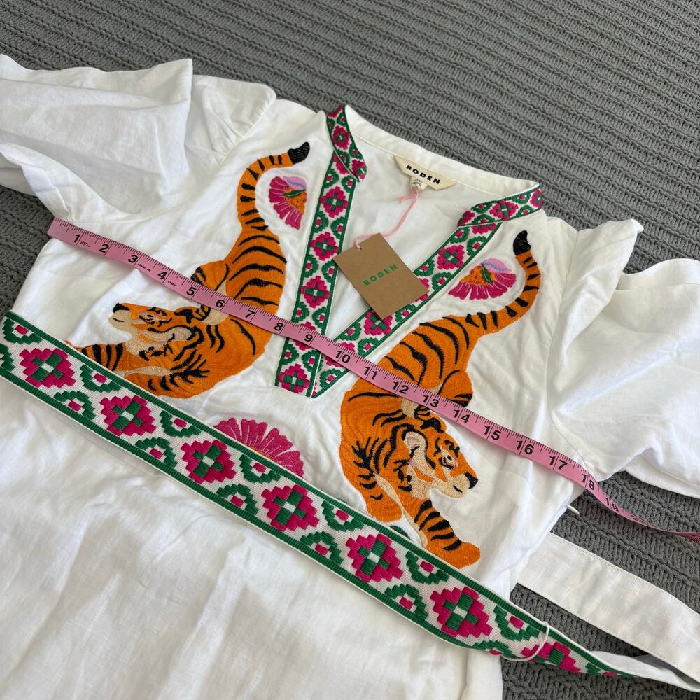 Boden Octavia Linen Blend Midi Dress Women’s Size 6 Long Embroidered Tiger Boho - Picture 5 of 15